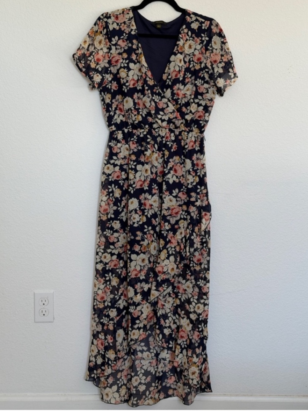 Espresso Navy Floral Wrap Maxi Dress with Pink & Cream Flowers